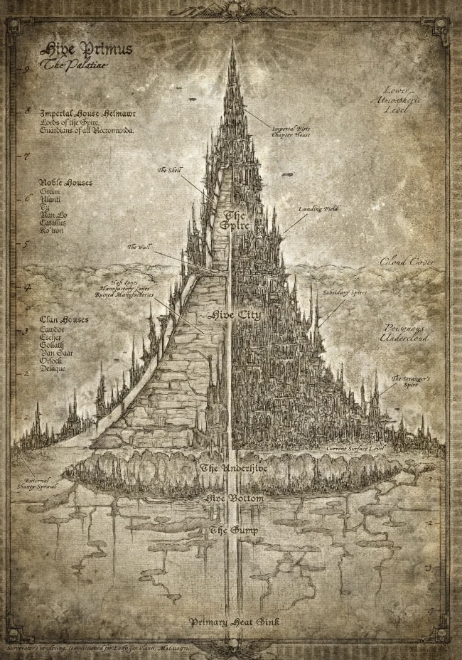 Corte de uma cidade colmeia — da Agulha ao fundo